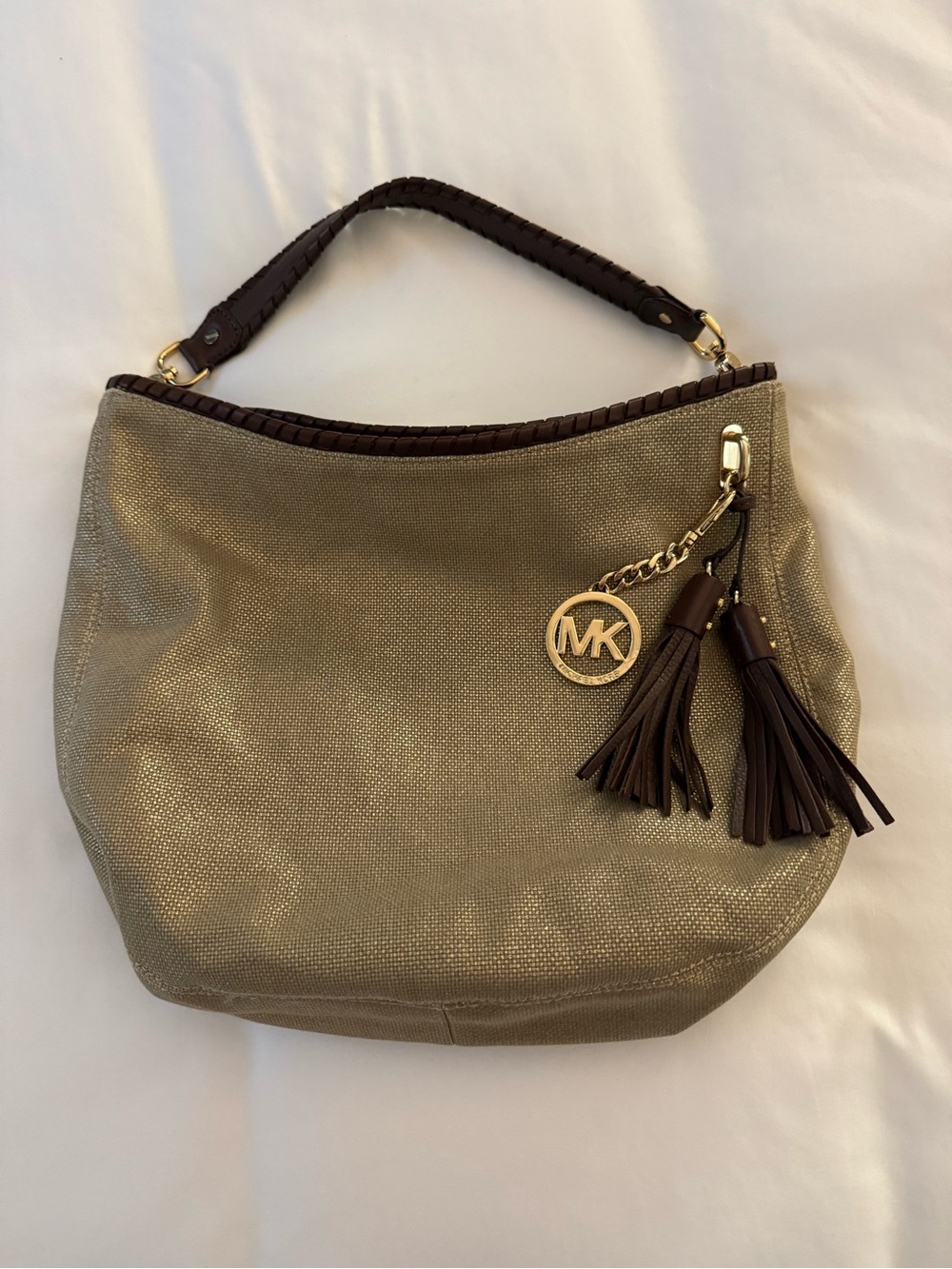 Michael Kors Gold Tote with Brown Leather Trim and Tassels